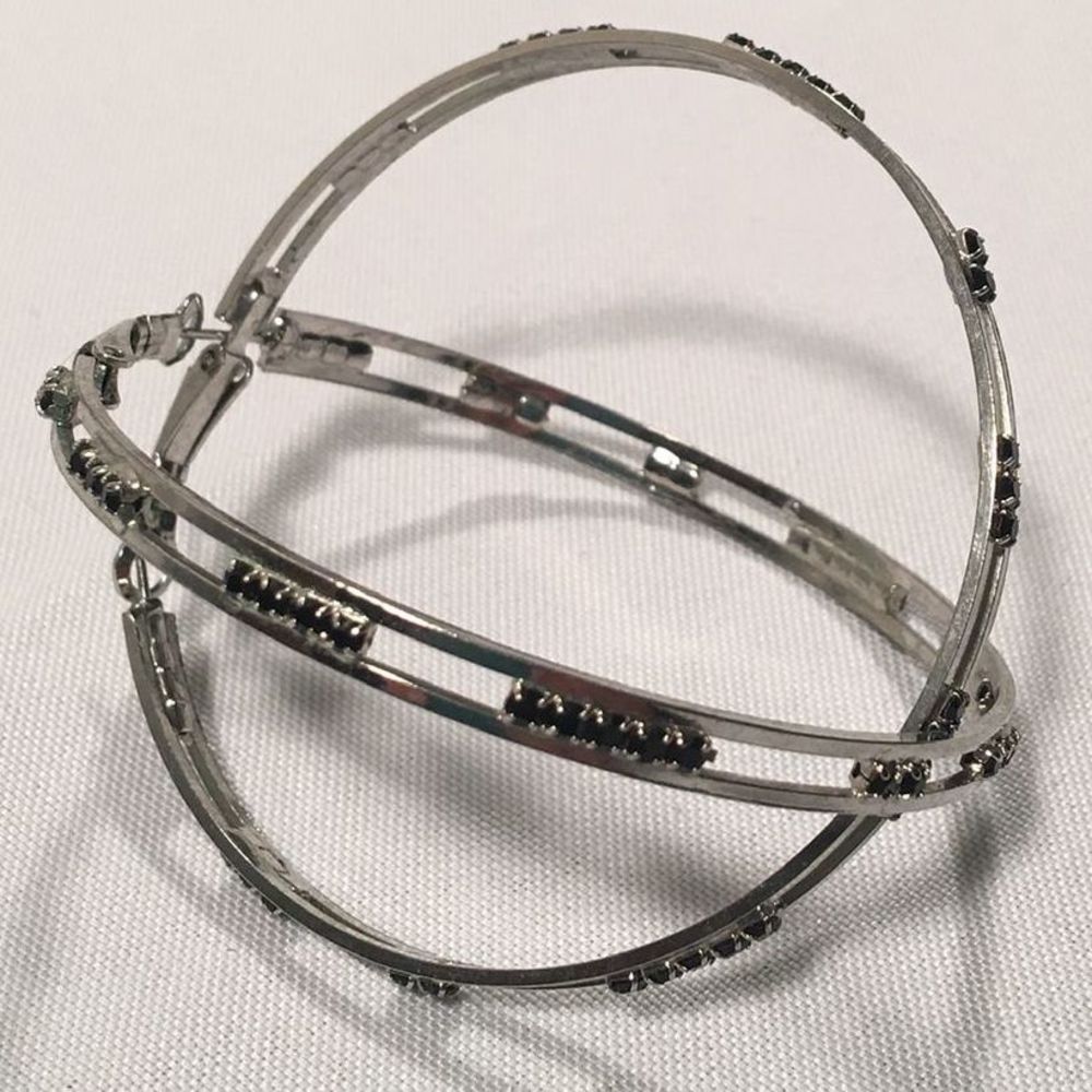 Silver Hoop Black Rhinestone Earrings